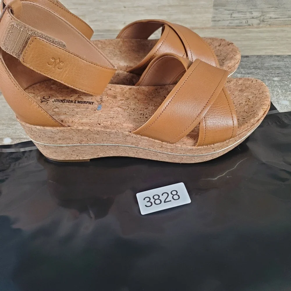 Johnston & Murphy Gigi Womens Sandal Sz 9.5 M Tan Leather Cross-Band Ankle Strap